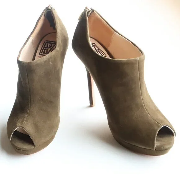 Pour La Victoire Moss Green Suede Leather Peep Toe Stiletto Heel Bootie Shoes 6 - Picture 5 of 15